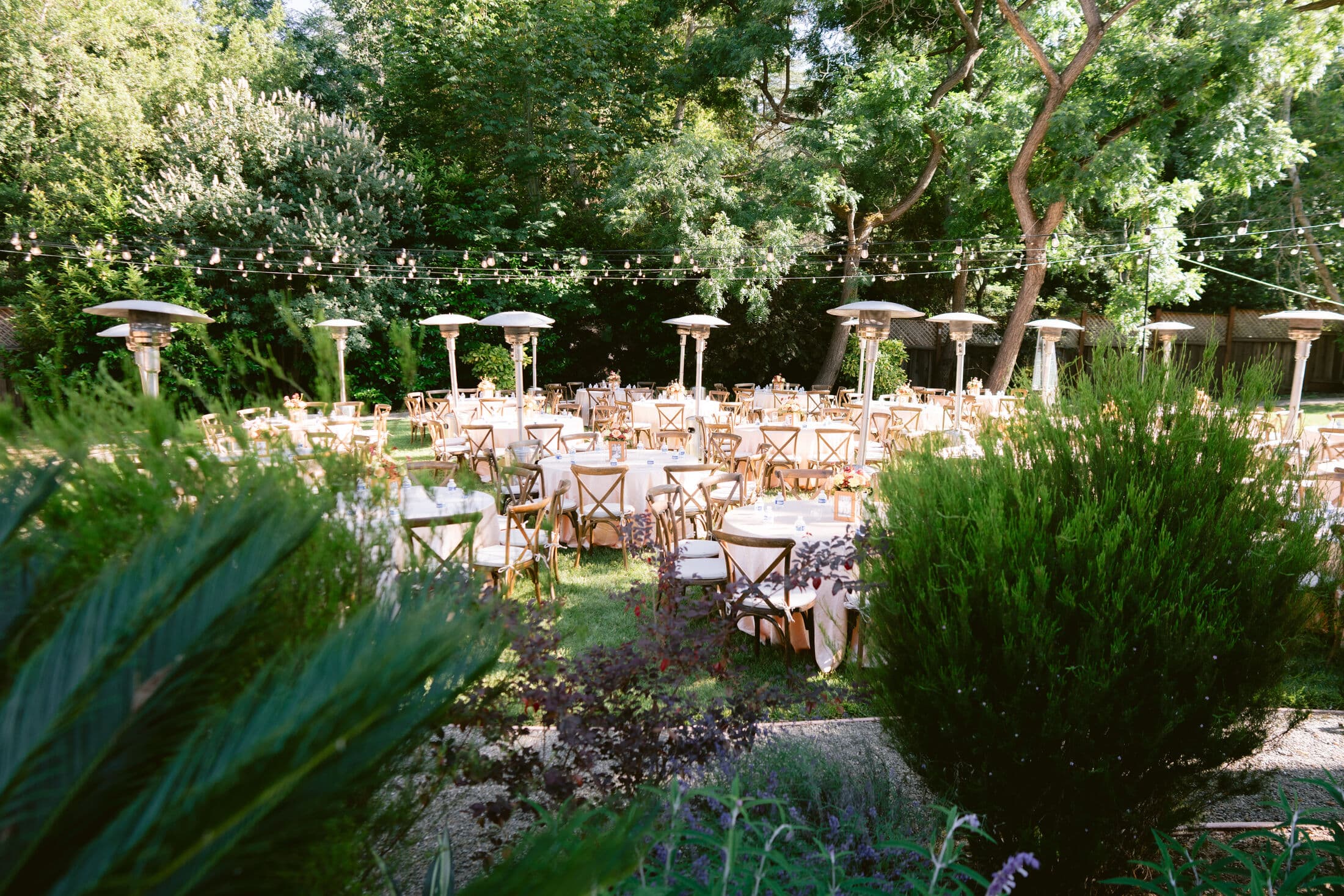 Round guest tables in ivory linens with wooden cross-back chairs scattered across a lush Bay Area garden, framed by ferns and shrubs beneath patio heaters and string lights.