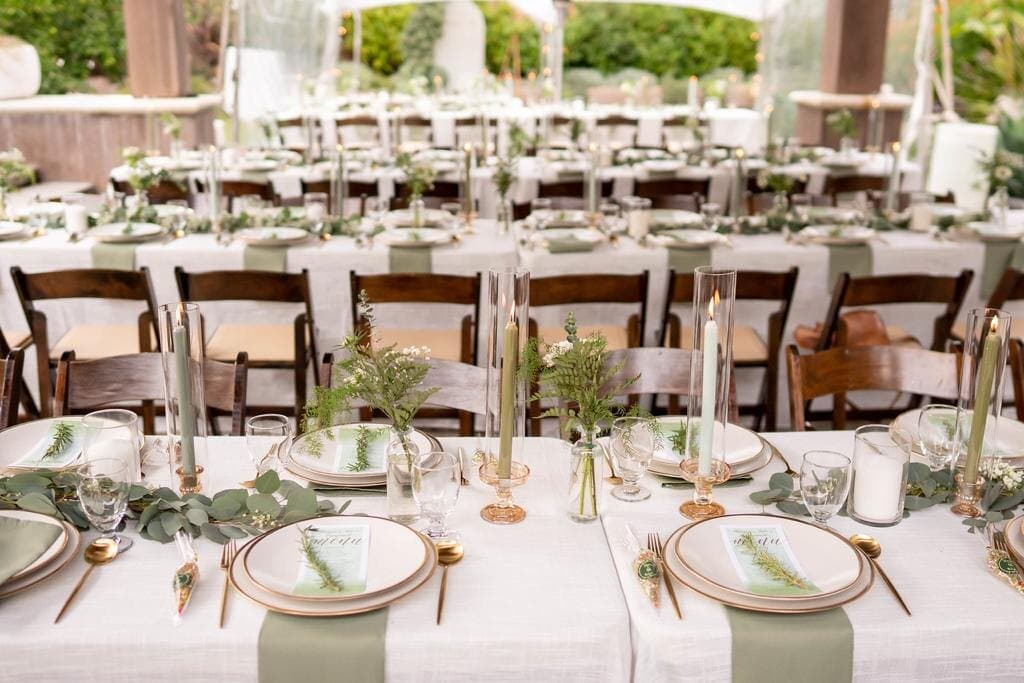 Garden reception under a marquee with long tables in white linen and sage runners, gold-rimmed plates on rattan chargers, printed menu cards, bud vases of ferns and white blooms, sage taper candles in tall glass hurricanes and wooden folding chairs receding into the greenery.